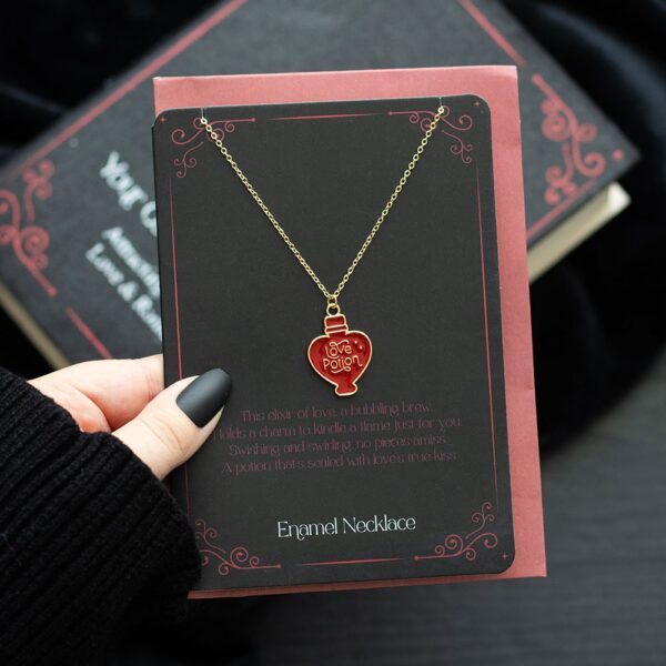 COLLANA IN SMALTO CON POZIONE D'AMORE E BIGLIETTO D'AUGURI